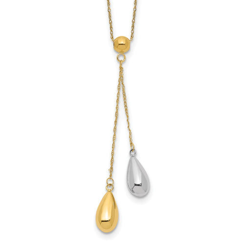 14k Yellow and White Gold Teardrop Puff Lariat Necklace_0