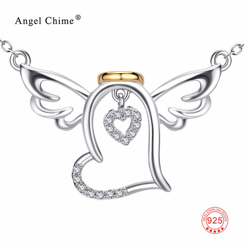 925 Sterling Silver Angel Wings Charm Statement Necklace Love Heart Cubic Zirconia Pendant Necklaces Fashion Jewelry For Women