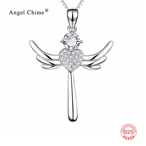 925 Sterling Silver Cross Pendant Angel With Wings Crystal Statement Necklace Kolye Fashion Jewelry Gift For Women