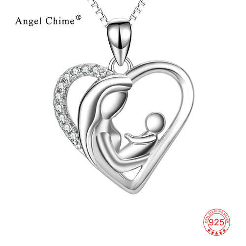 925 Sterling Silver Mother & Child Love Heart Pendants Necklaces Fine Jewelry For Women Mother's Day Gift