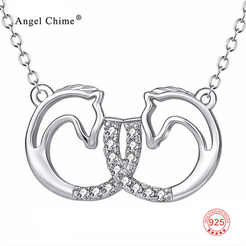 925 Sterling Silver Necklace Double Horse Head Crystal Pendant Statement Necklaces Fashion Collier Kolye Jewelry Gift For Women