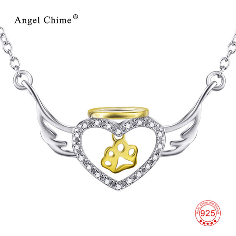 925 Sterling Silver Necklace Women Jewelry CZ Crystal Angel Wings Heart Dog Paw Charms Necklace 18inches