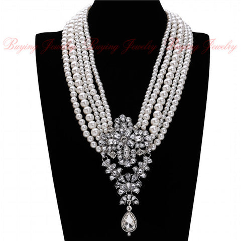 Attractive White Pearl Glass Beads Layered Bib Choker Pendant Necklace Wedding Shining Jewelry Gift