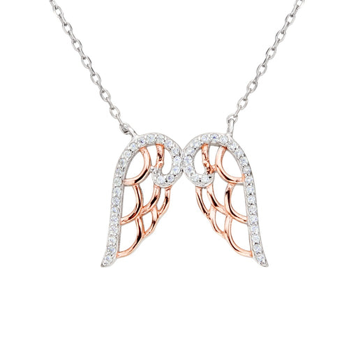 BELLA Fashion 925 Sterling Silver Dual Angel Wing Pendant Necklace Clear Cubic Zircon Necklace For Women Lady Party Jewelry Gift