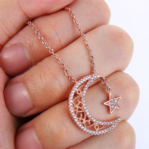 BELLA Fashion 925 Sterling Silver Moon Star Bridal Necklace Rose Gold Tone Cubic Zircon Necklace For Women Wedding Jewelry Party