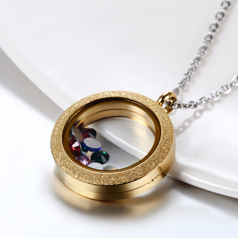 BONISKISS 316L Stainless Steel  Silver Gold tone Matte Glasss Round Living Floating Charm Memory Locket Pendant Necklace