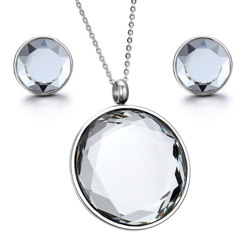 BONISKISS Silver Tone Stainless Steel Ladies Mirror Polishing Round Crystal Pendant Necklace With Chain