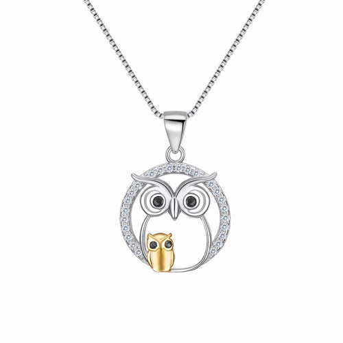 Bella 925 Sterling Silver Animal Mother And Child Night Owl Bridal Pendant Necklace Cubic Zircon Charm Necklace Wedding Party