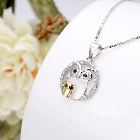 Bella 925 Sterling Silver Animal Mother And Child Night Owl Bridal Pendant Necklace Cubic Zircon Charm Necklace Wedding Party