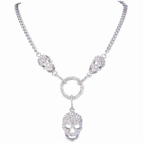 Bella Fashion 3 Skull Bone Skeleton Pendant Necklace Austrian Crystal Rhinestone Necklace For Halloween Party Silver/Gold/Black