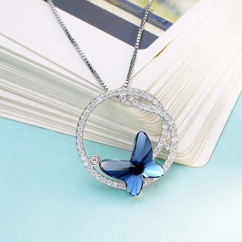 Bella Fashion 925 Sterling Silver Blue Butterfly Bridal Necklace Austrian Crystal Pendant Necklace For Wedding Party Jewelry