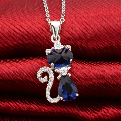 Bella Fashion 925 Sterling Silver Cat Animal Bridal Necklace Blue Teardrop Cubic Zircon Pendant Necklace For Party Jewelry Gift