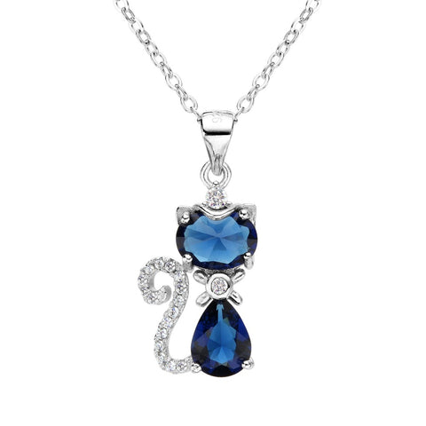 Bella Fashion 925 Sterling Silver Cat Animal Bridal Necklace Blue Teardrop Cubic Zircon Pendant Necklace For Party Jewelry Gift