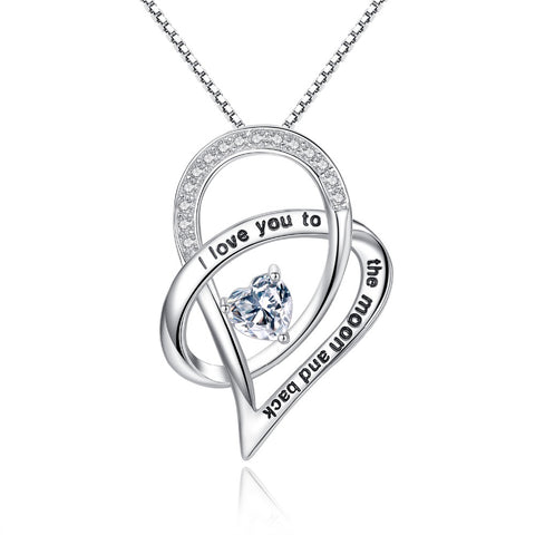 Bella Fashion 925 Sterling Silver Heart "I love U 2 the moon and back" Cubic Zircon Bridal Charm Necklace For Party Valentine