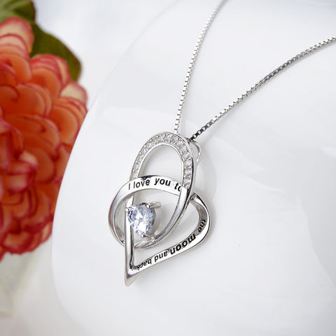 Bella Fashion 925 Sterling Silver Heart "I love U 2 the moon and back" Cubic Zircon Bridal Charm Necklace For Party Valentine