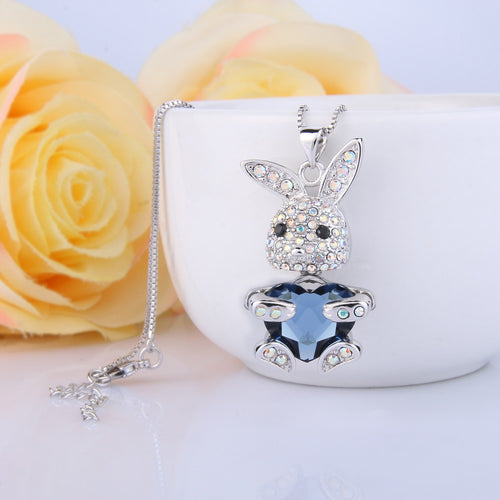 Bella Fashion Bling Heart Lovely Rabbit Pendant Necklace Austrian Crystal Animal Necklace For Women Party Jewelry Valentine Gift