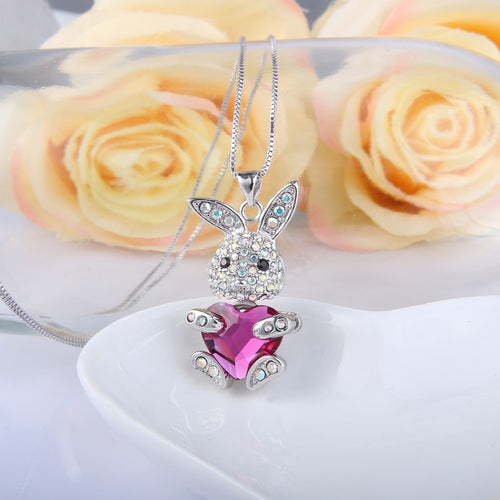 Bella Fashion Bling Heart Lovely Rabbit Pendant Necklace Austrian Crystal Animal Necklace For Women Party Jewelry Valentine Gift