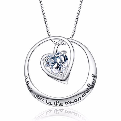 Bella Fashion Bridal Charm Necklace 925 Sterling Silver Heart "I love U 2 the moon and back" Cubic Zircon Pendant Necklace Party