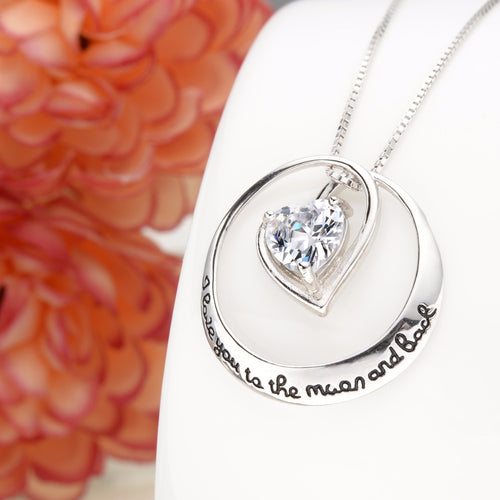 Bella Fashion Bridal Charm Necklace 925 Sterling Silver Heart "I love U 2 the moon and back" Cubic Zircon Pendant Necklace Party