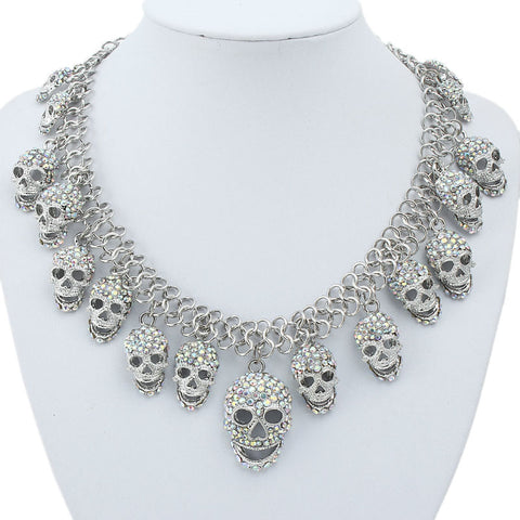 Bella Fashion Clear/Clear AB Full Skull Bone Skeleton Choker Necklace Austrian Crystal Rhinestone Necklace For Halloween Party