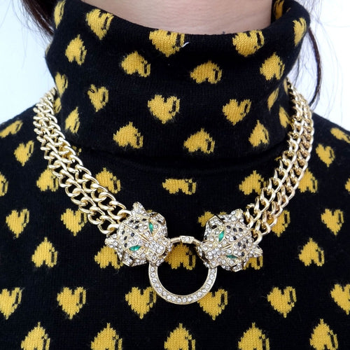 Bella Fashion Duel Panther Leopard Choker Necklace Austrian Crystal Rhinestone Animal Necklace For Women Party Jewelry Gift