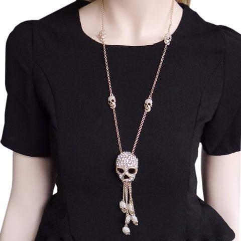 Bella Fashion Multi Skeleton Skull Tassel Pendant Necklace Austrian Crystal Rhinestone Long Chain Necklace For Halloween Party