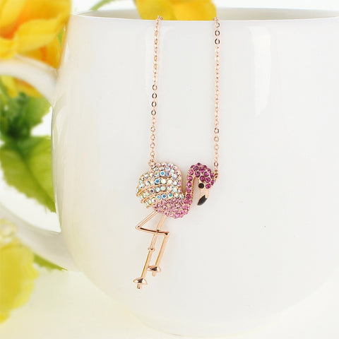 Bella Fashion Rose Gold Tone Bling Pink Flamingo Pendant Necklace Austrian Crystal Rhinestone Animal Necklace For Party Jewelry