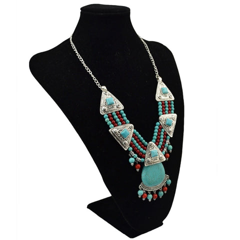 Bohemia Natural Big Green Stone Maxi Collar Necklace Gypsy Vintage Silver Plated Alloy Chain Statement Necklace Free Shipping