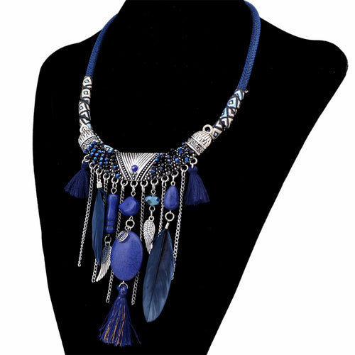 Bohemian Fashion Blue Brown Leather Chain Resin Beads Natrual Stone Feather Tassel Necklace Statement For Women Bijoux Jewelry
