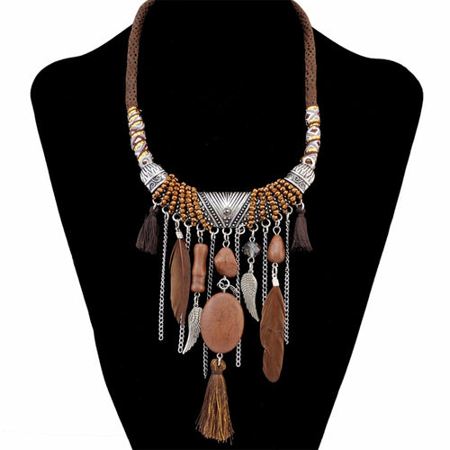 Bohemian Fashion Blue Brown Leather Chain Resin Beads Natrual Stone Feather Tassel Necklace Statement For Women Bijoux Jewelry