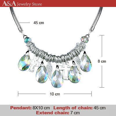 Brightly Angel wings &  Cross Statement Necklaces with 5 Blue/white Hanging Drop Luxury Rhinestone Pendants Necklaces For Women