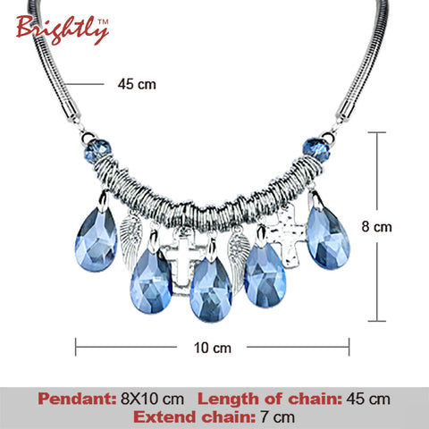 Brightly Angel wings &  Cross Statement Necklaces with 5 Blue/white Hanging Drop Luxury Rhinestone Pendants Necklaces For Women