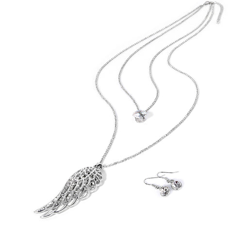 Brightly Double Layers Long Necklaces Double Angel Wings Simulated Rhinestone Pendants Necklace for Women Gifts Dropshipping