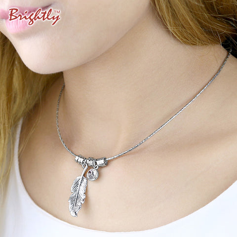 Brightly Fashion Ethnic Vintage Silver Color Choker Collar Necklace Feather and Rhinestone Pendants Necklaces for Women Gifts
