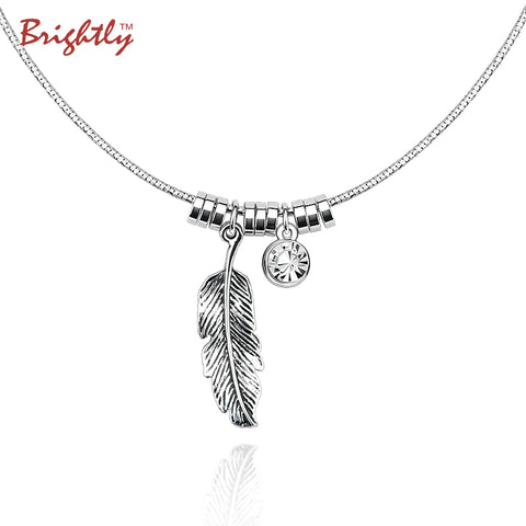 Brightly Fashion Ethnic Vintage Silver Color Choker Collar Necklace Feather and Rhinestone Pendants Necklaces for Women Gifts
