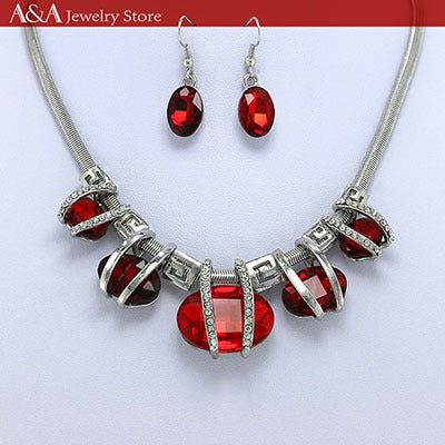 Brightly Luxury Statement Necklaces Red/Green Colors Oval Rhinestone Snake Chain Necklaces for Women Fashion Style