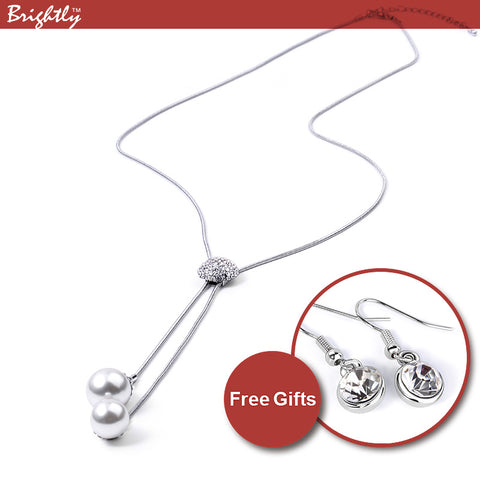 Brightly OL Long Necklace with Double Simulated Pearl Pendant Necklace for Women Valentine's Day Gifts Silver ColorDrop shipping