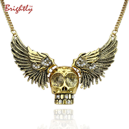 Brightly Punk Statement Necklaces Vintage Skull Wings Design Chain Necklaces for Women Halloween Party Gifts
