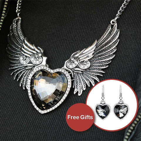 Brightly Punk Style Collar Statement Necklace Love Heart & Angel Wings Pendants Necklaces for Women Antique Silver Plated
