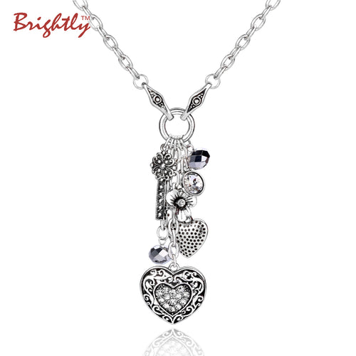 Brightly Punk Style Long Necklace Antique Silver Plated Heart & Keys Pendant Statement Necklace for Women Valentine's Day Gifts