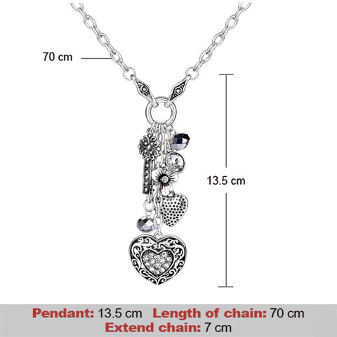 Brightly Punk Style Long Necklace Antique Silver Plated Heart & Keys Pendant Statement Necklace for Women Valentine's Day Gifts