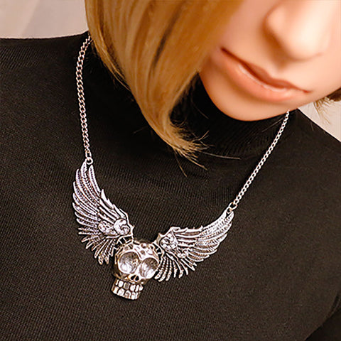 Brightly Punk Style Skull Wings Statement Necklaces Link Chain Collar Necklaces for Women/Men Halloween Party Gifts