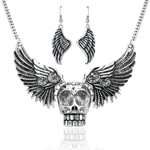 Brightly Punk Style Skull Wings Statement Necklaces Link Chain Collar Necklaces for Women/Men Halloween Party Gifts