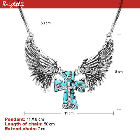 Brightly Vintage Angel Wings Cross Pendant Necklaces for Women Punk & Hiphop Greenish-blue Cross Collar Chains Fashion Jewelry