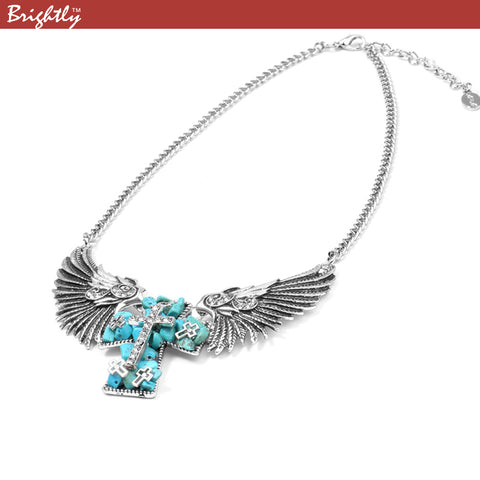 Brightly Vintage Angel Wings Cross Pendant Necklaces for Women Punk & Hiphop Greenish-blue Cross Collar Chains Fashion Jewelry