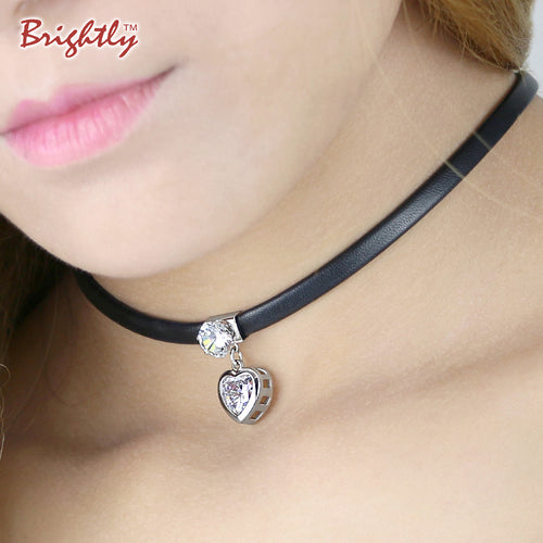 Brightly Zircon Heart Pendants Necklace Black Simulated Leather Choker Necklaces for Women Valentine's Day Gifts
