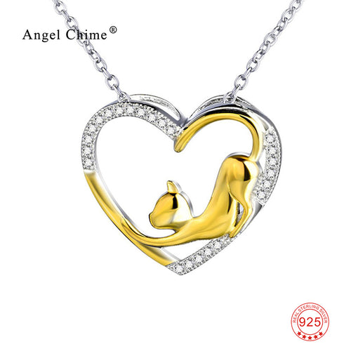 Cute Gold Cat Love Heart Patterned 925 Sterling Silver Crystal Statement Necklaces Collier For Women Girls Birthday Gift