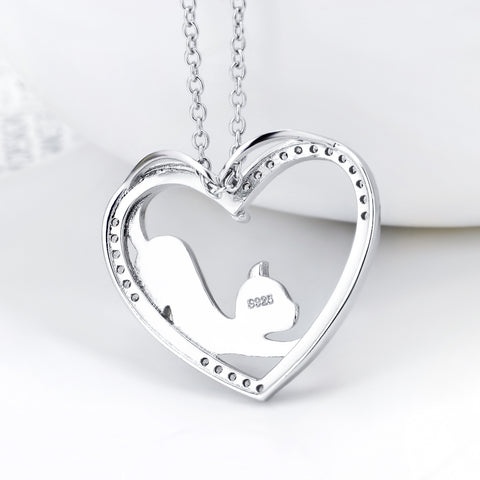 Cute Gold Cat Love Heart Patterned 925 Sterling Silver Crystal Statement Necklaces Collier For Women Girls Birthday Gift