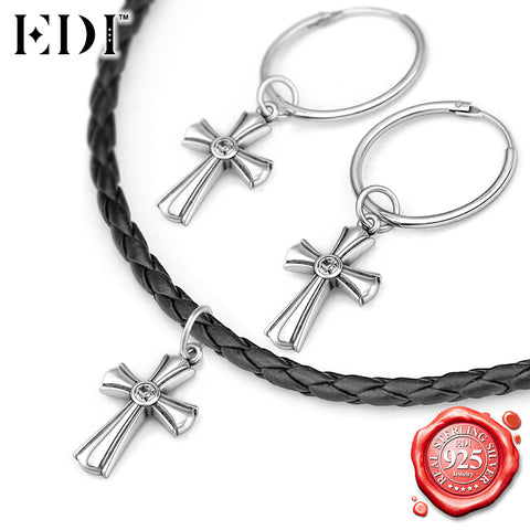 EDI 925 Sterling Silver Fine Jewelry for Women Vintage Silver Cross Choker Necklace/ Hoop Earring Jewelry Set Natural Topaz Gems