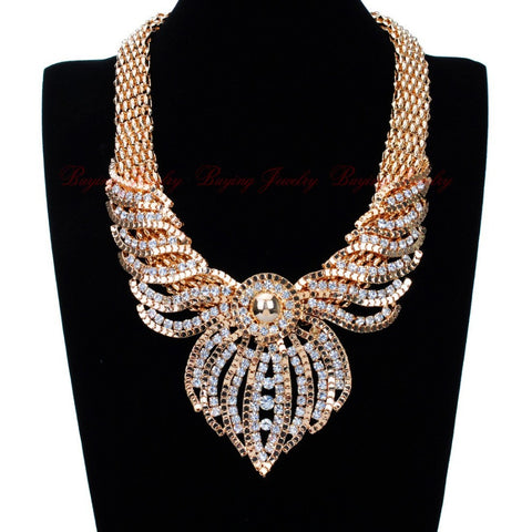Fashion Gold Chain White Crystal Choker Statement Bib Pendant Necklace